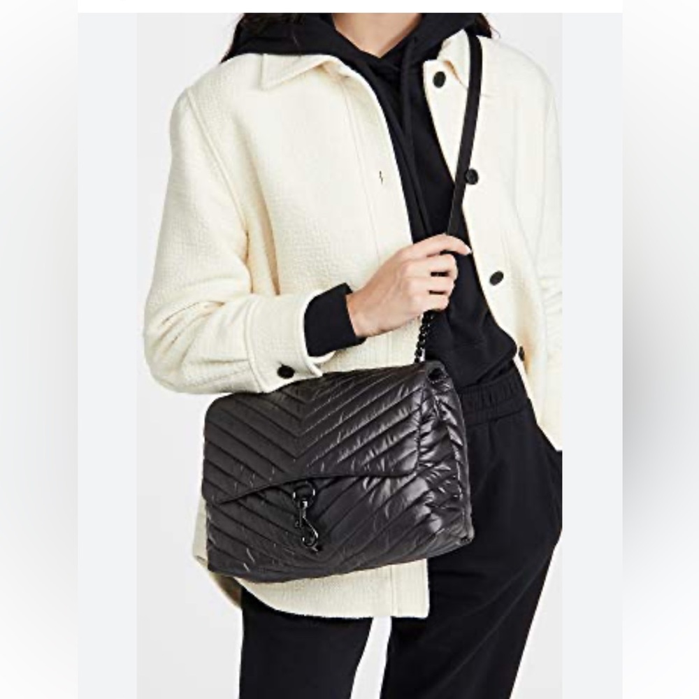 Rebecca Minkoff‎ Edie Jumbo Quilted Nylon Flap Crossbody Purse Bag Black.